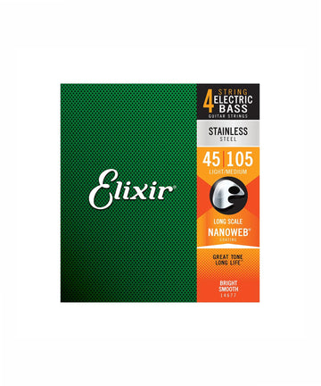 Elixir Nanoweb Electric Bass Guitar Strings, Long Scale, Stainless Steel 4 Strings, 45-105