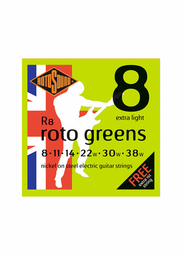 Rotosound R8 Roto Green Nickel On Steel Electric Guitar Strings - .008-.038 Extra Light